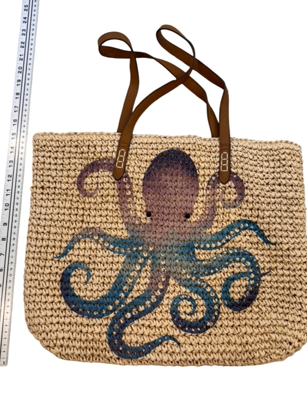 INC. Straw Tote with Blue and Purple Octopus and Brown Straps - Picture 4 of 6